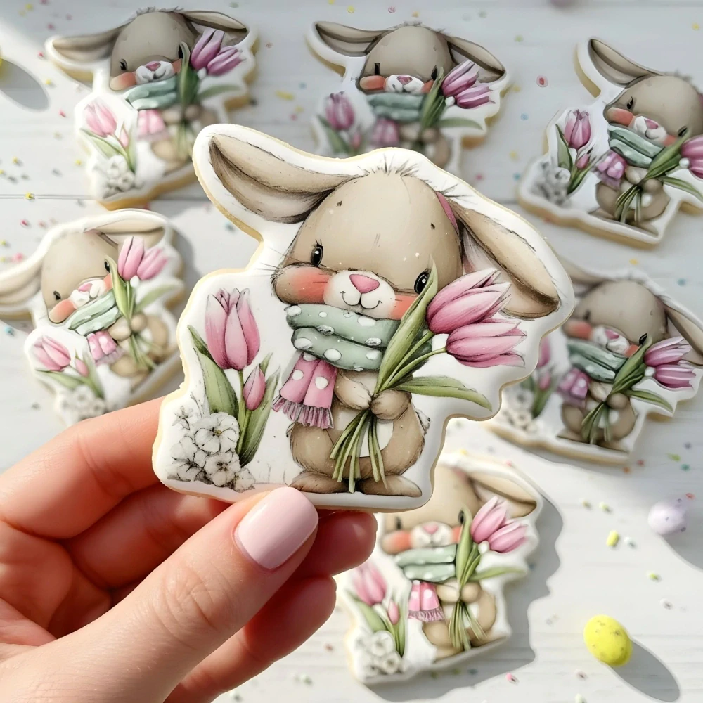 Fondánové nálepky s presným vykrajovačom V30 - Králik a tulipány
