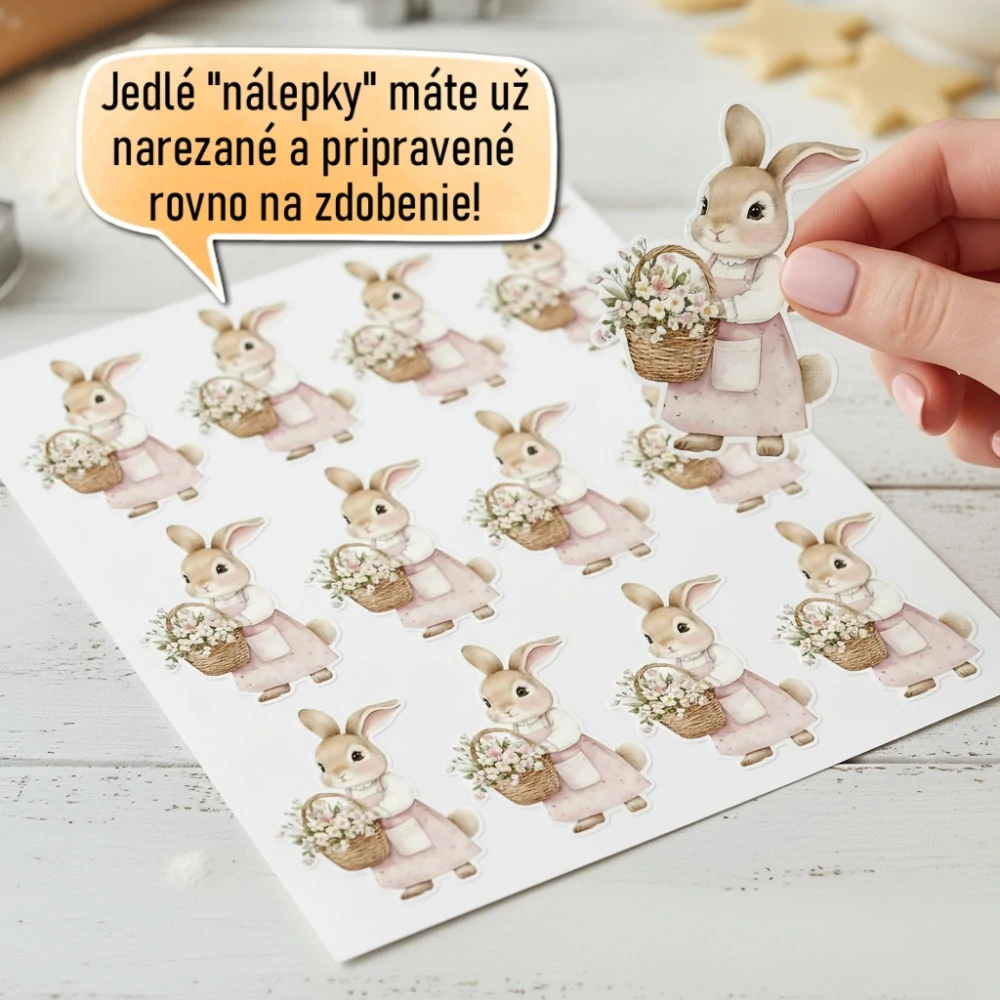 Fondánové nálepky s presným vykrajovačom V05 - Zajko s košíkom