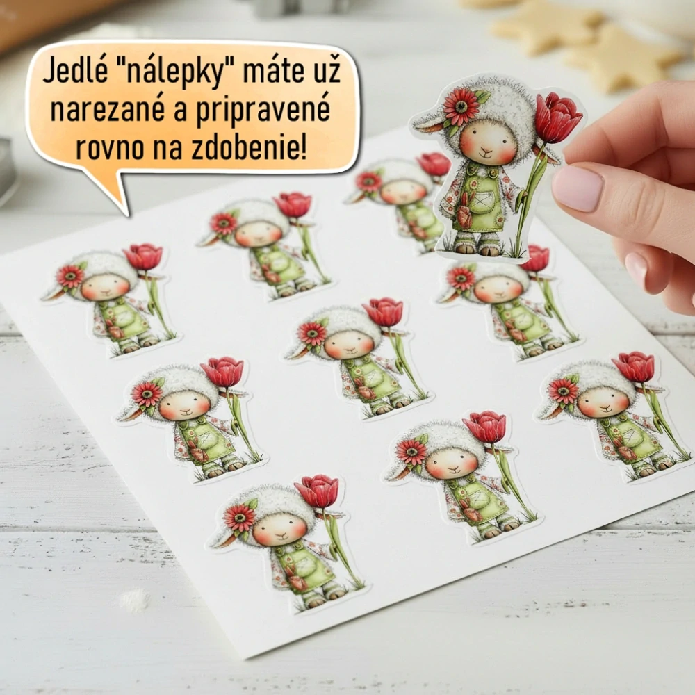 Fondánové nálepky s presným vykrajovačom V20 - Ovečka s tulipánom