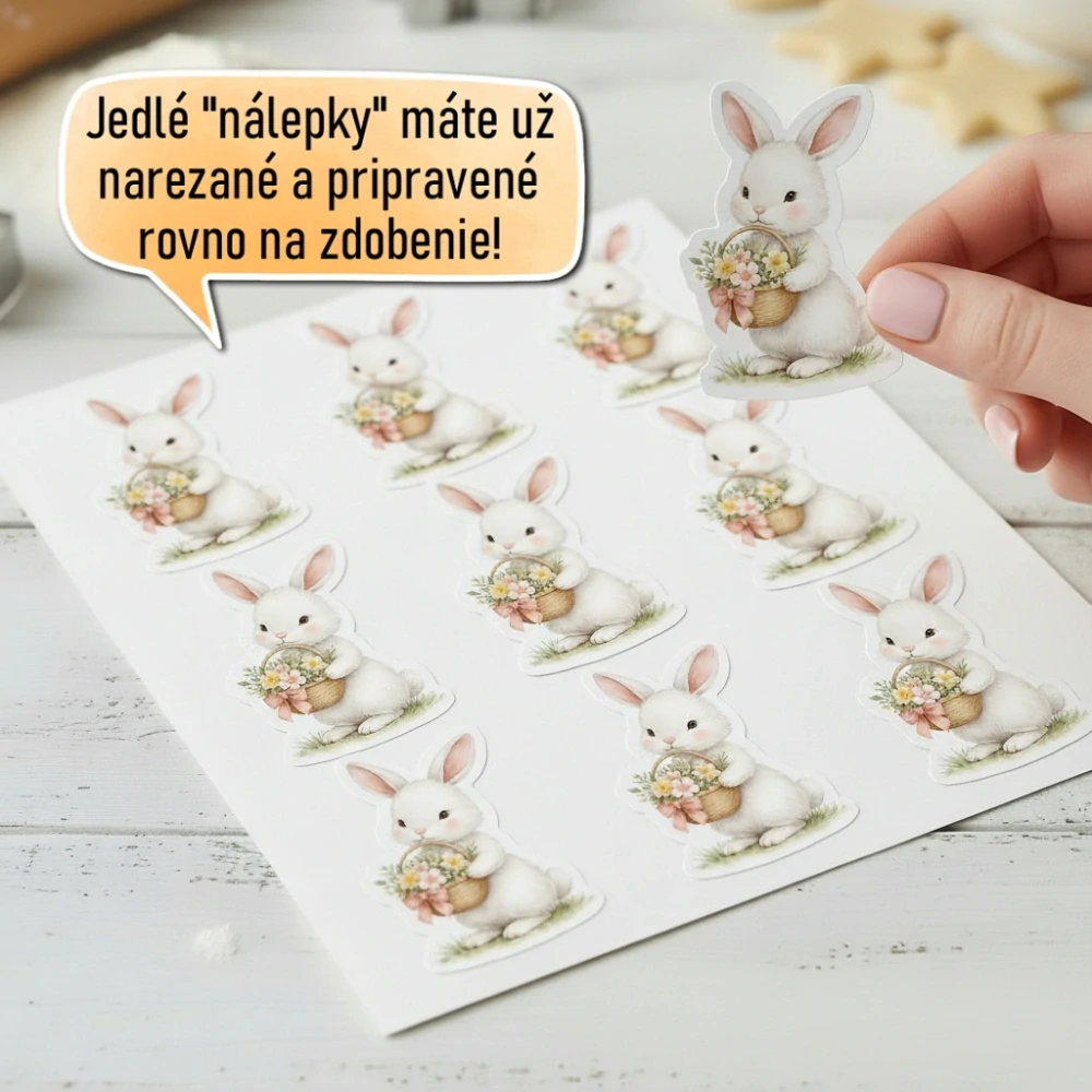 Fondánové nálepky s presným vykrajovačom V32 - Zajko s košíkom