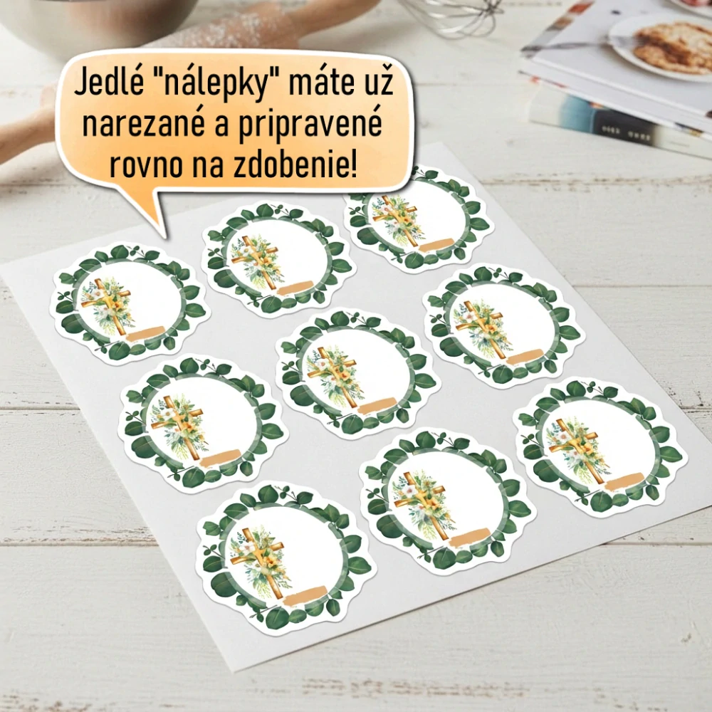 Fondánové nálepky s presným vykrajovačom P12 - Ratolesť s krížom a menom