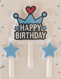 Sviečky Korunka Happy Birthday a hviezdičky MODRÝ SET
