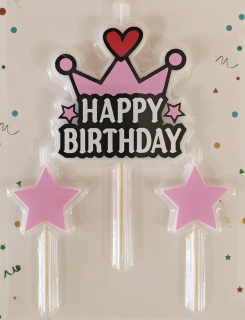 Sviečky Korunka Happy Birthday a hviezdičky RUŽOVÝ SET